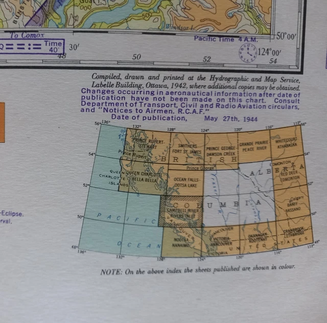 VINTAGE AIR NAVIGATION Map Campbell River-Rivers Inlet RCAF Canada 1944 ...