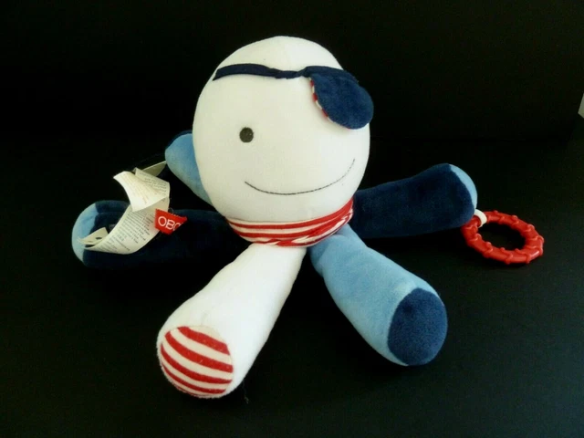 i5. DOUDOU PELUCHE OBAIBI OKAIDI PIEUVRE POULPE BLEU ROUGE BLANC GRELOT - TTBE