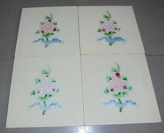4 Pc Vintage Majolica Flower Embossed Decorative Art Ceramic Tiles , England