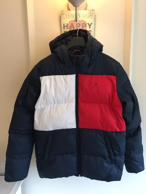 Tommy Hilfiger Boys Puffer Jacket Navy Blue Red White Aged 14 Years Hooded