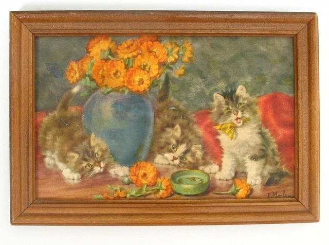 Signed “D. Merlin” Embossed Cat/Kittens Picture, Puffy 3D, Vintage Mid Century