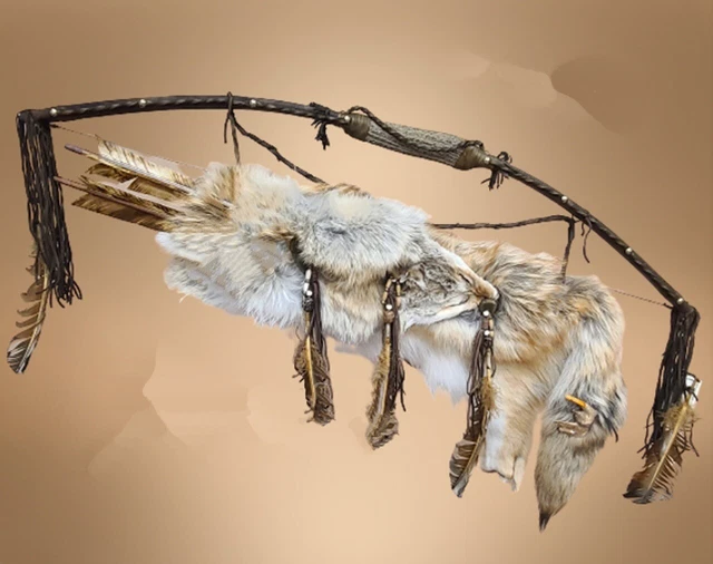 Native Navajo 40" COYOTE FUR QUIVER, LEATHER WRAP BOW, ARROWS SET, Curtis Bitsui