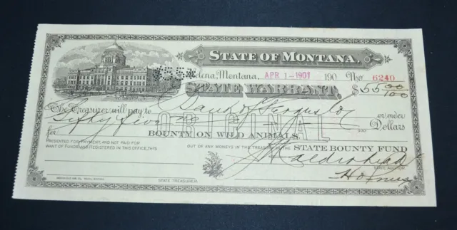 State Of Montana Bounty On Wild Animals 1901 antique State Warrant