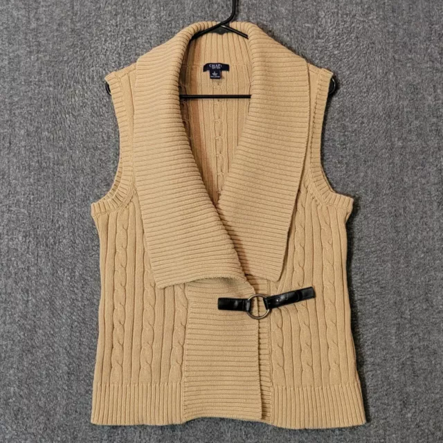 Chaps Ralph Lauren Sweater Vest Womens Large Tan Sleeveless Cable Knit Cardigan