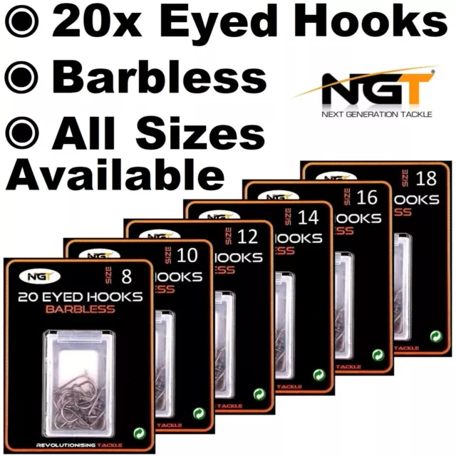 20 Eyed Fishing Hooks Barbless - Sizes 8 10 12 14 16 18 - Coarse Carp Tackle NGT