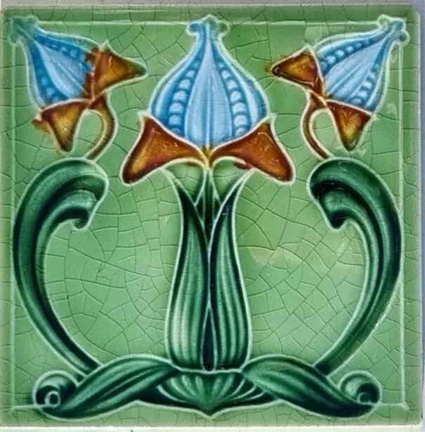 Precioso azulejo victoriano antiguo Art Nouveau de 6"" x 6"" por barcos TR alrededor de 1900