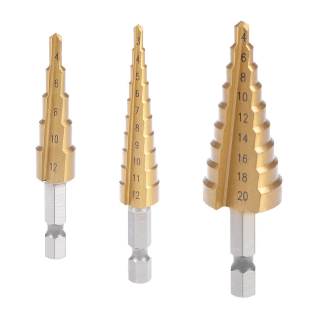 Titanium Step Drill Bits Set 3-12mm 4-12mm 4-20mm 2 Flute Hex Shank Metal 3pcs