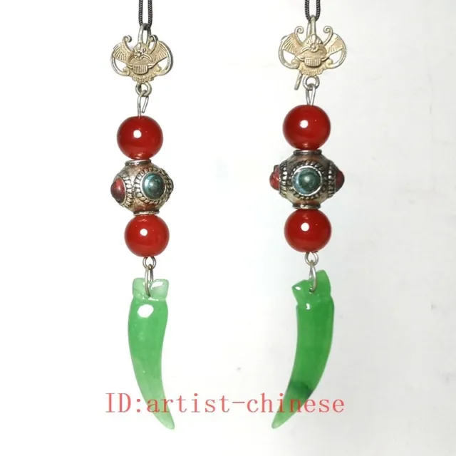 Collection Chinese Tibet Silver Jadeite Jade Inlay Carving Bat Earrings Pendant