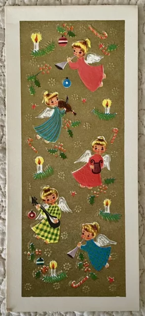 Unused Christmas Angel Band Pink Blue Gold Vintage Greeting Card 1950s 1960s