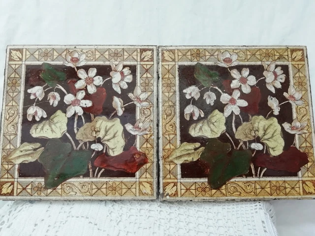 Pair of Victorian Fireplace Tiles Transfer Printed Floral Registered No 1887