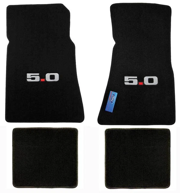 1979-93 Ford Mustang; 4-Piece Heavy Plush Floor Mat Set; Black; With 5.0 Logo