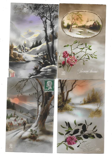 4 CPA cartes postales anciennes des paysages de neige pour dire  bonne année 20'