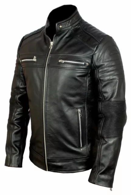 New Mens Cafe Racer Jacket Biker Motorcycle  Real Black Leather Jacket Vintage