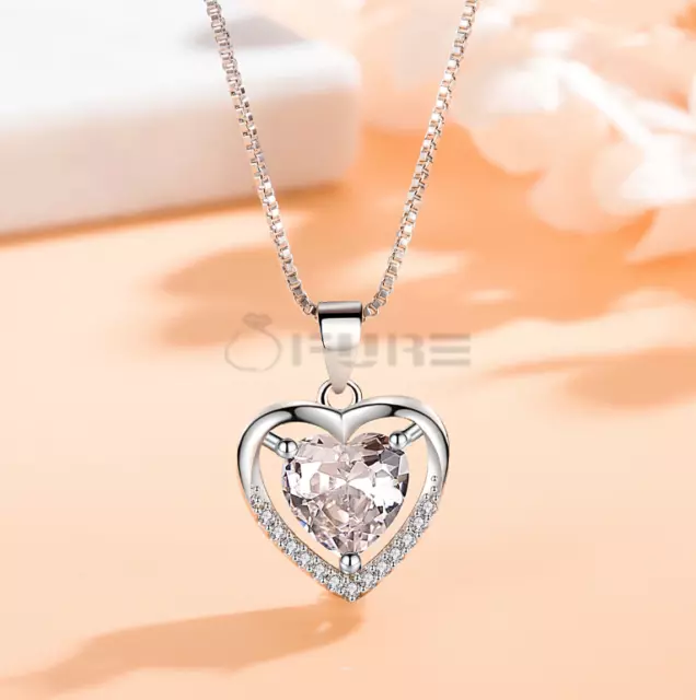 Womens Heart Birthstone Chain Sterling Silver Crystal Outline Pendant Necklace