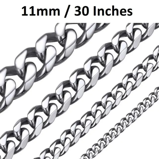 Silver 316L Stainless Steel 11Mm Wide 30 Inch Long Cuban Curb Chain Necklace