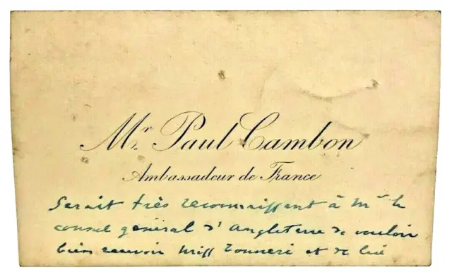 Antique French Diplomat Paul Cambon Ambassador France Business Card 1923