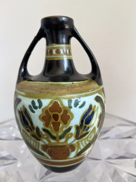 Vintage Dutch Gouda Pottery Art Deco Double Handled Vase Floral Numbered Signed