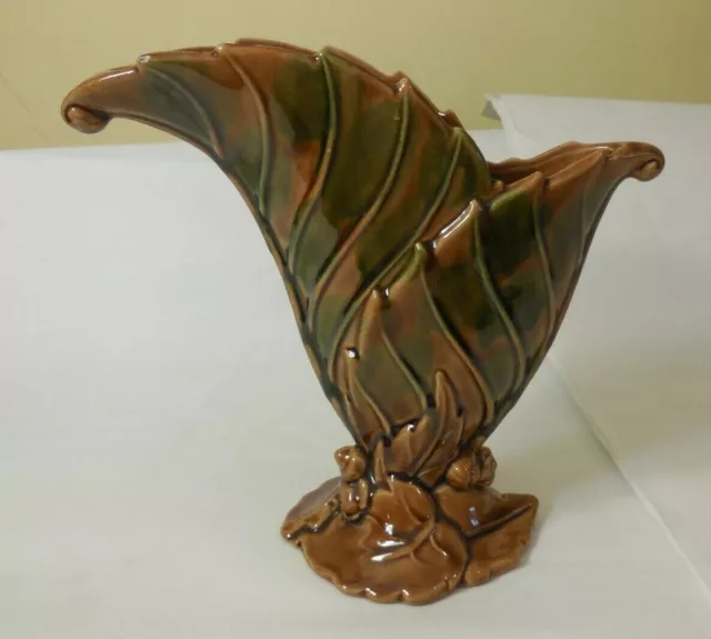 Vintage Haeger Art Pottery Brown & Green Mid Century Modern Double Leaf Vase