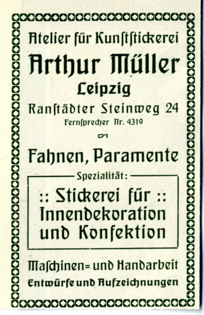 Arthur Müller Leipzig KUNSTSTICKEREI FAHNEN PARAMENTE Historische Reklame v.1909