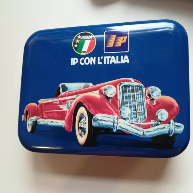 Scatola di latta vintage, IP CON L'ITALIA, AZZURRO SUPER OIL,carte modiano