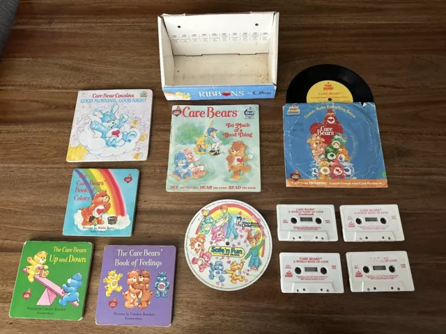 VTG 1980s 80s CARE BEAR LOT - Records Cassettes Books Offray Ribbons Display Box