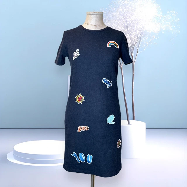 ZARA T Shirt Shift Emoji Mini Dress RARE Sticker Patch Knee Length Blue Small