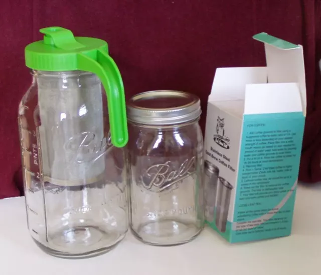 Ball Mason Jars Glass Pitcher 64 oz 1/2 Gal 32 oz Qt Tea Coffee Infuser Pour Lid