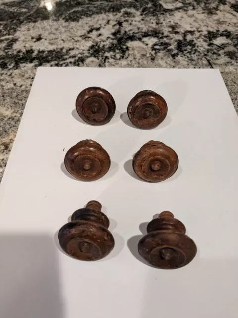 Victorian Walnut Mushroom Pulls, Fancy Turned Front, Small Size, Set Of 6