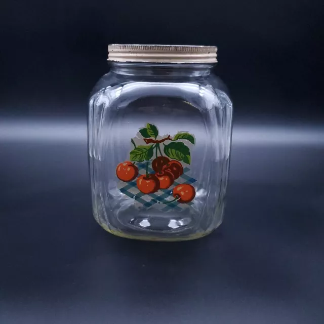 Vintage Hazel Atlas Square Hoosier Glass Jar White Metal Screw Lid Cherries