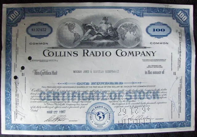 Stock certificate Collins Radio Comp. Payee: MITCHUM JONES & TEMPLETON 1967