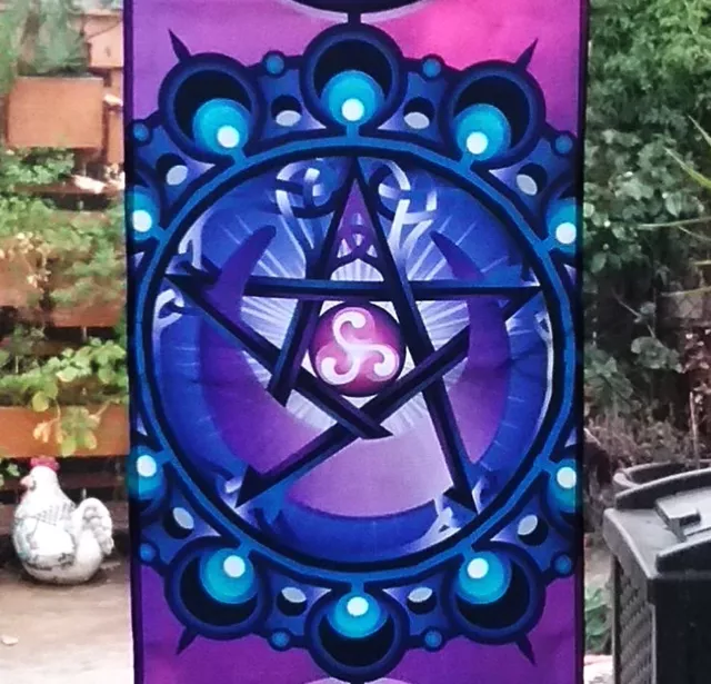 39" French Crepe PENTACLE And Triple MOON GODDESS TAPESTRY, WICCAN Wall Banner