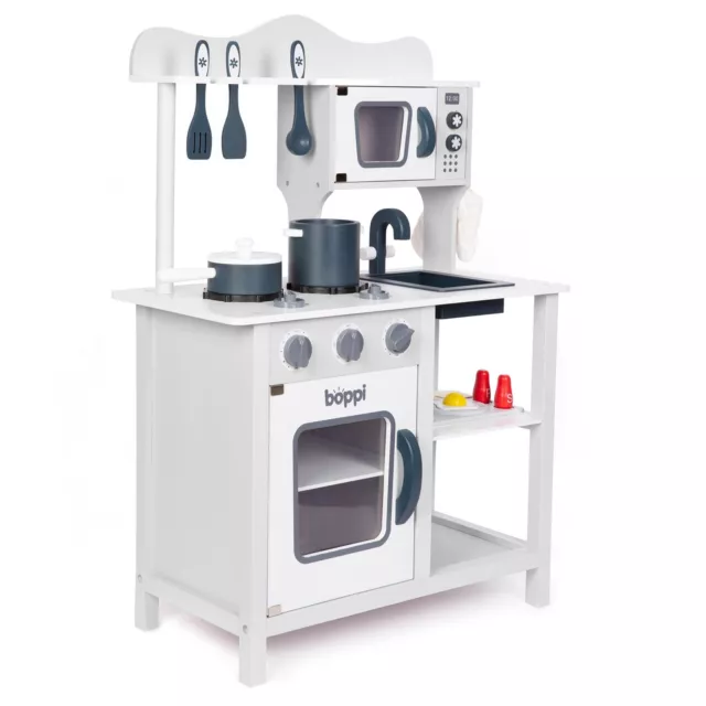 Wooden Toy Kitchen with 20 piece Accessories Childrens Pretend Set Grey - boppi