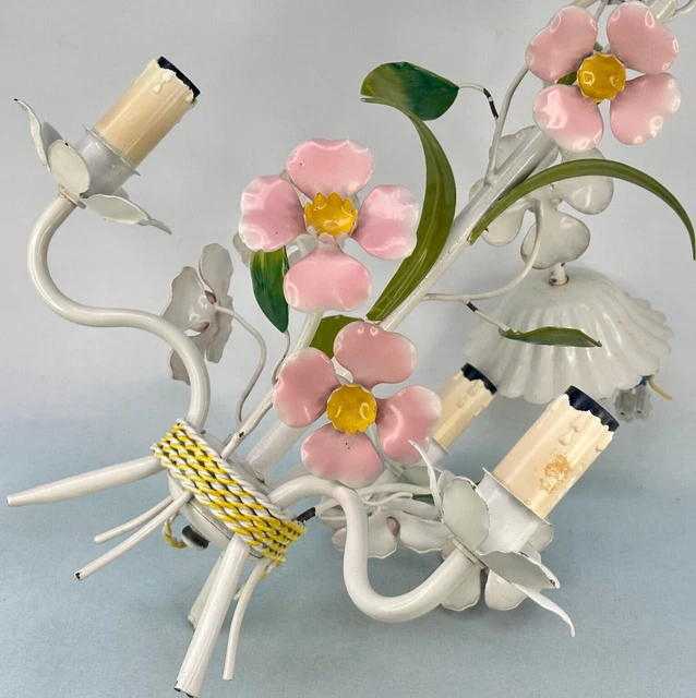 Vintage French 3 Arm Toleware Ceiling Light with Pretty Pink Metal Flowers Vintage French 3 Arm Toleware Ceiling Light with Pretty Pink Metal Flowers