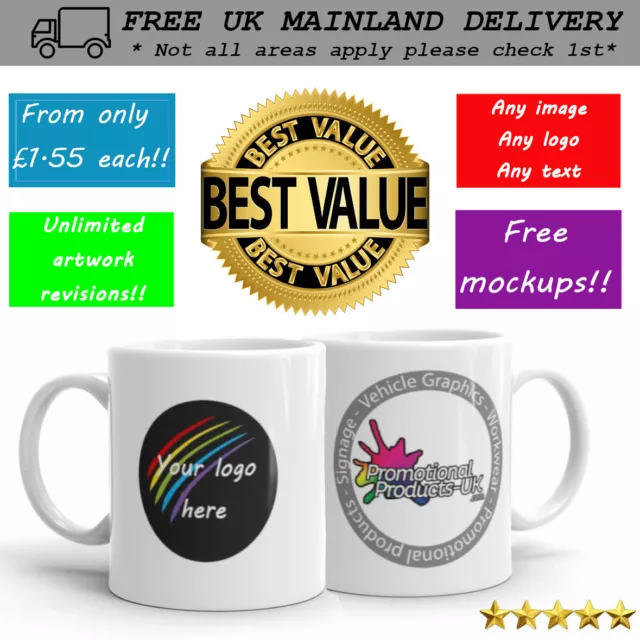 Promotional business branded printed mugs custom company Logo image text bulk