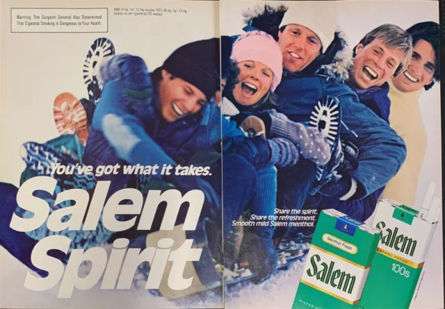 Vintage 1983 Salem Cigarettes Sledding  2 Page Print Ad Advertisement