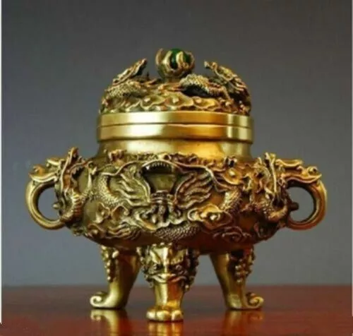 Collectible Chinese decorative type manual Brass Kowloon Dragon incense burner 2