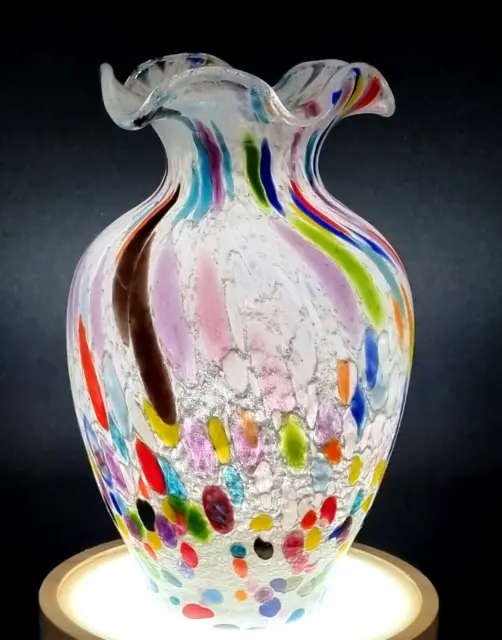 MURANO GLASS Vetro Eseguito Rainbow Confetti Hand Blown Vase VENETIAN 1989 VG+++