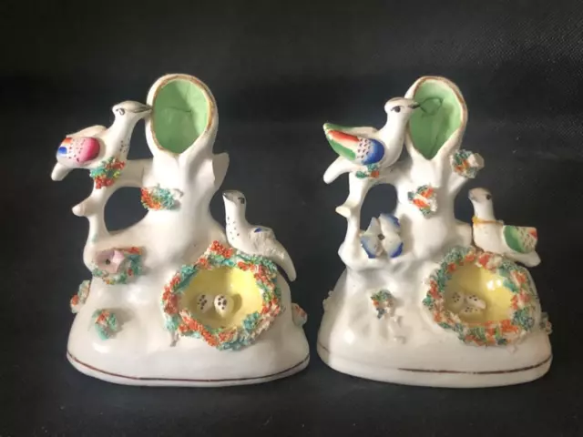 Fine Pair Of Antique Staffordshire Hand Painted Bird Figurines Above Eggs. C1860