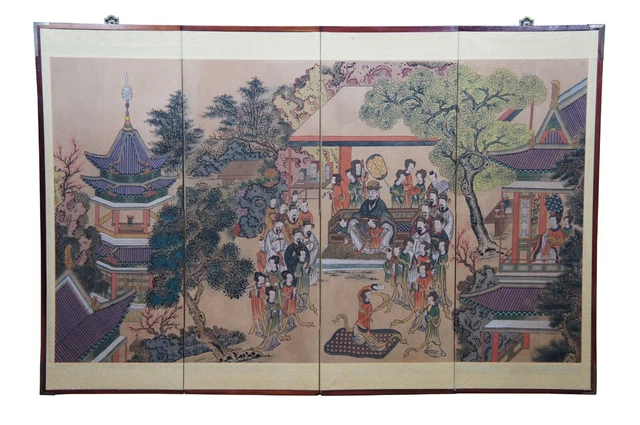 Vintage Korean 4 Panel Landscape Guo Ziyi Banquet Folding Screen Divider 54"
