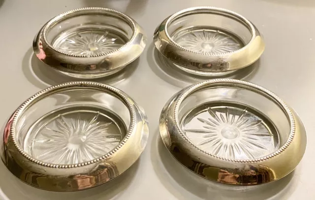 Set of Four Frank Whiting & Co American Sterling Silver Rimmed Crystal Coasters