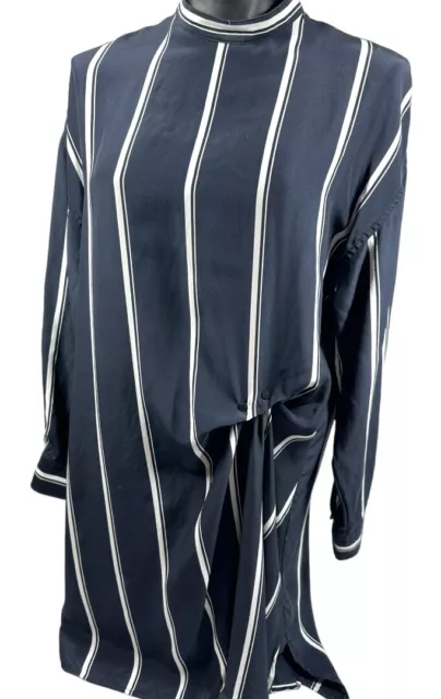 $495 Rag & Bone Jacklin 100% Silk Draped White Navy Striped Shirt Dress Size M