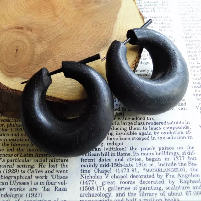 WOODEN EARRINGS LARGE Women Round Creole Wood Earrings Organic BLACK HANDMADE
