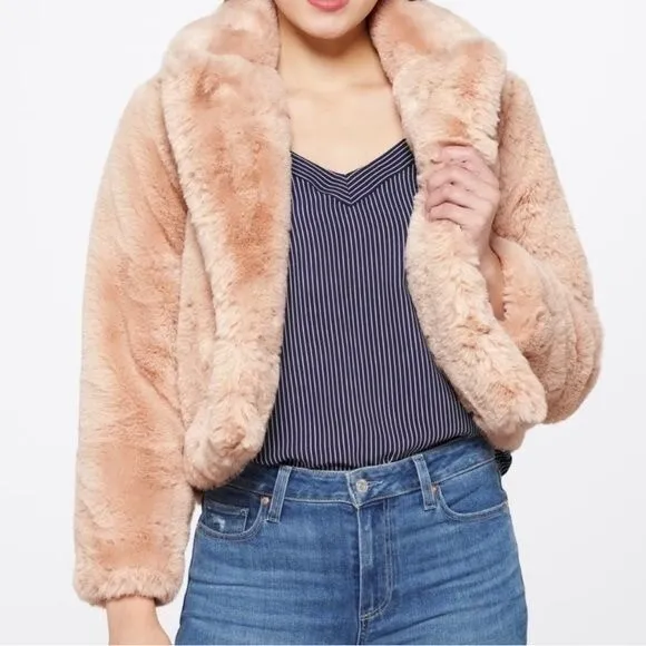 NWT MINKPINK Anya Faux Fur Coat size L Cropped Teddy Pockets Beige Pink Fuzzy