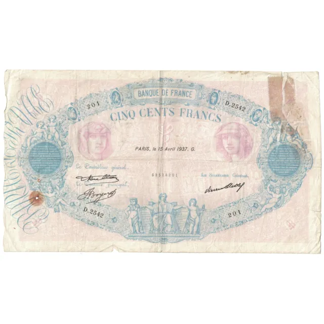 [#634980] Frankreich, 500 Francs, Bleu et Rose, 1937, D.2542, SGE, Fayette:30.38