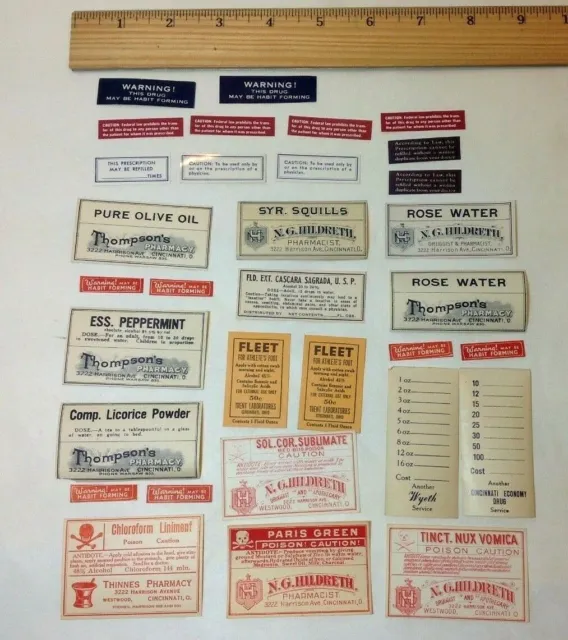 Vintage Labels for Medicine Bottles, 32  labels for drugs and poison, NOS