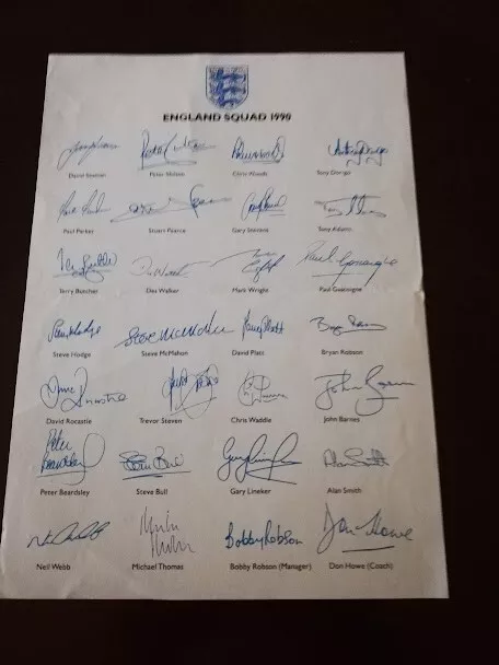 England Italia 90 World Cup Squad Official Pre-Printed Autograph Sheet