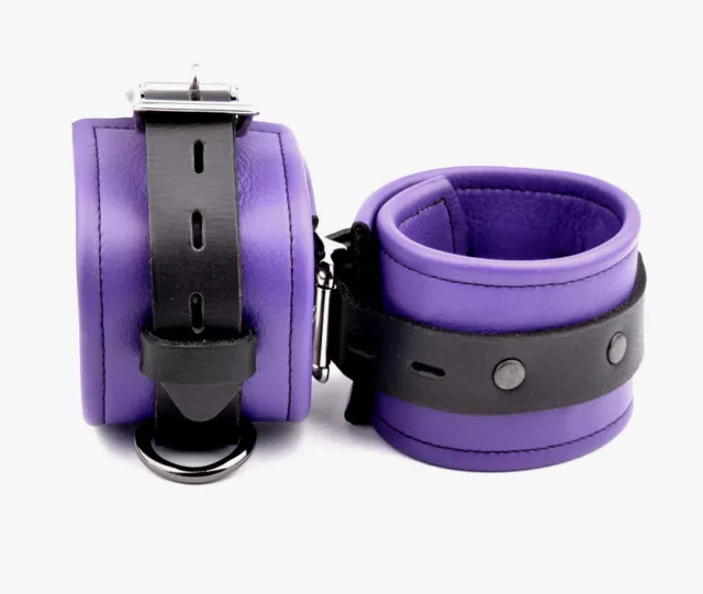 ANKLE CUFFS PREMIUM Handcrafted Leather PURPLE / BLACK Heavy Duty CF3APplBkStBlk