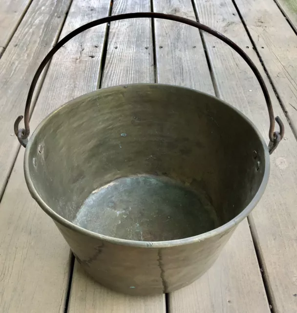 Vintage 12” By 7” Large Brass Bucket Pot Pail Cast Iron Forged Handle