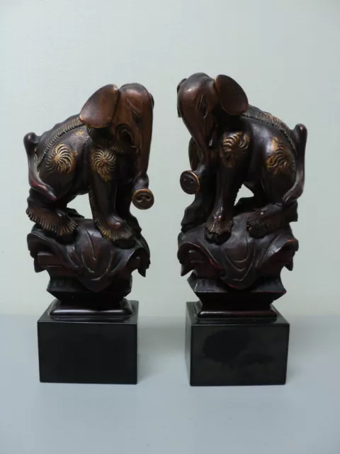 STUNNING PAIR 19th CENTURY CHINESE HAND CARVED WOODEN ELEPHANT FIGURINES