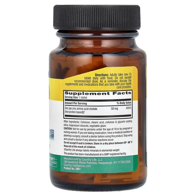 COUNTRY LIFE, CHELATED Zinc, 50 mg, 100 Tablets, Expiry2027 £14.76